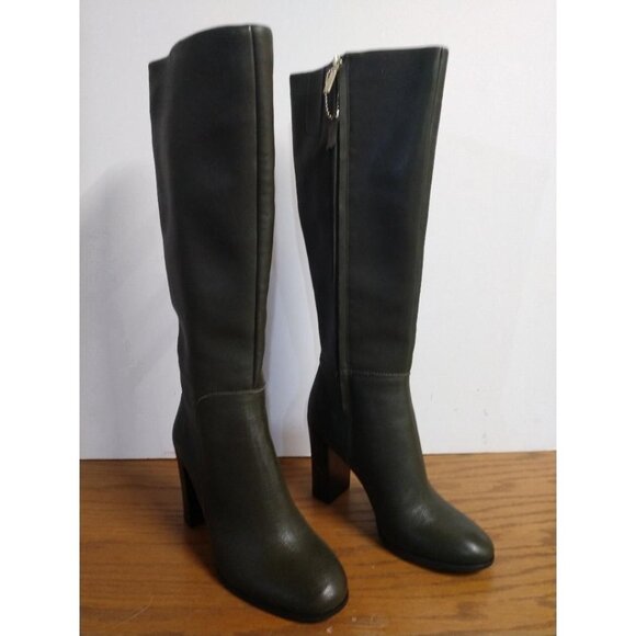 Kenneth Cole Justin Genuine Leather Knee-High Olivee Green Heeled Boots Size 6.5 - Picture 1 of 13
